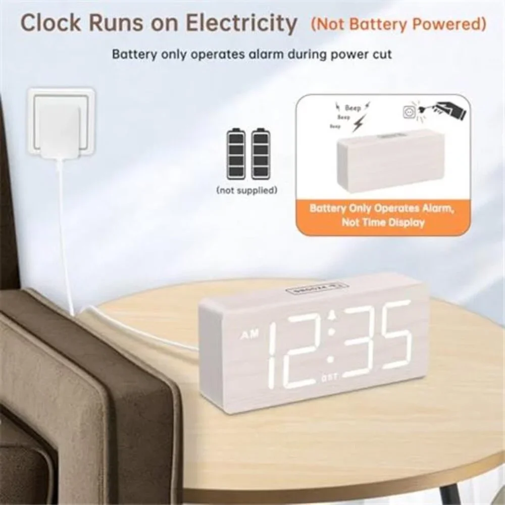 Wooden digital alarm clock large numbers loud alarm dimmer bedside plug in desk